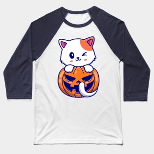 Cute Cat With Pumpkin Halloween Cartoon Baseball T-Shirt